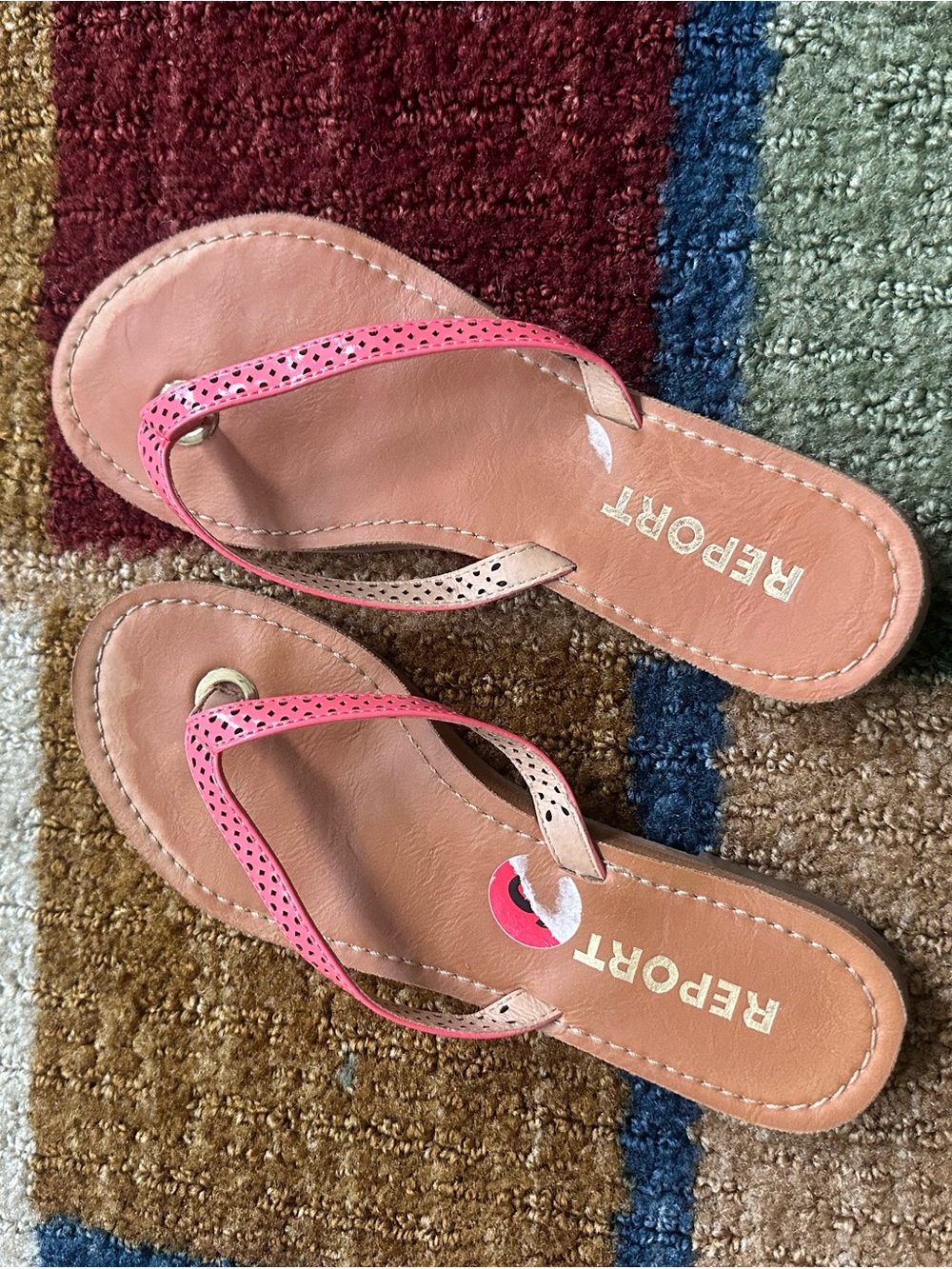 Report coral Pink Perforated Strap Leather Flip-Flop Sandals